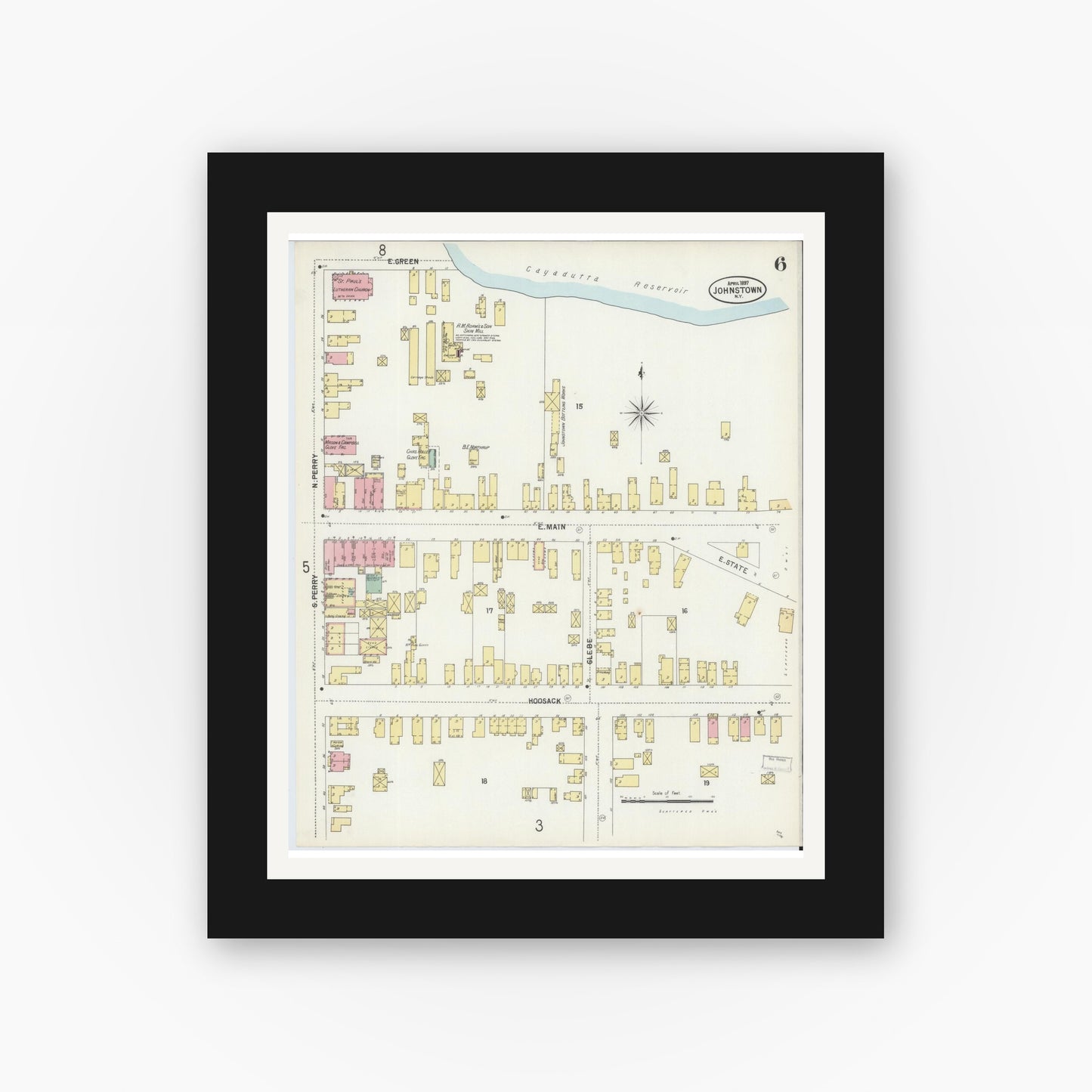 Old map wall art mockup — black gallery frame with white mat — Sanborn Fire Insurance Map from Johnstown, Fulton County, New York (1897), Sheet #0006