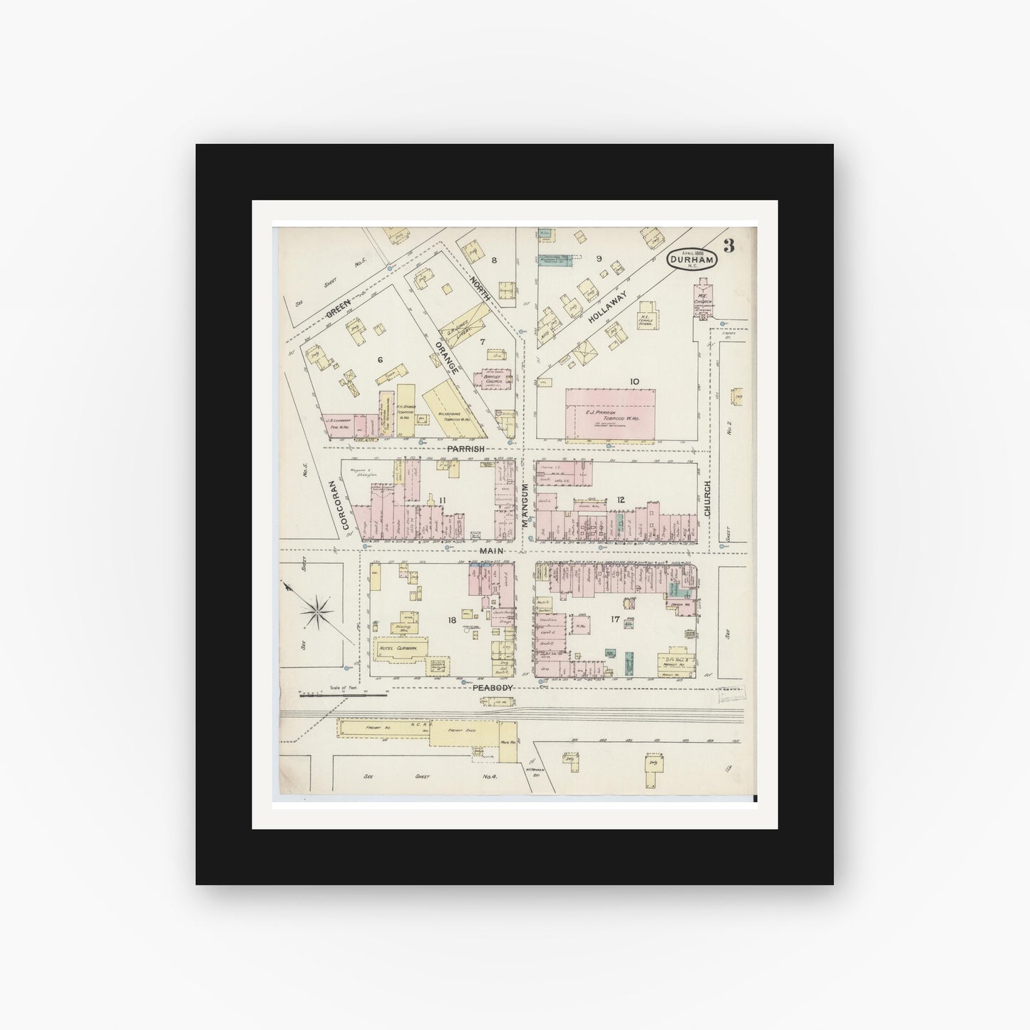 Old map wall art mockup — black gallery frame with white mat — Sanborn Fire Insurance Map from Durham, Durham County, North Carolina (1888), Sheet #0003