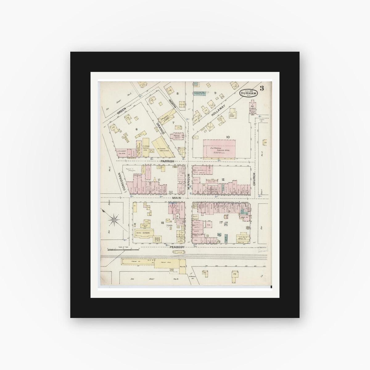Old map wall art mockup — black gallery frame with white mat — Sanborn Fire Insurance Map from Durham, Durham County, North Carolina (1888), Sheet #0003