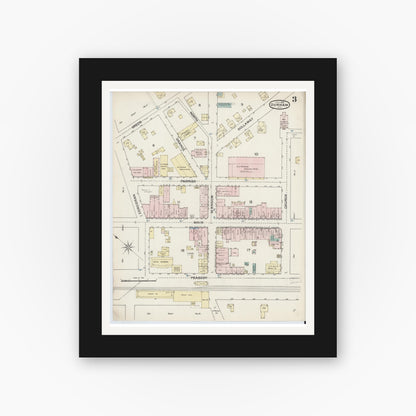 Old map wall art mockup — black gallery frame with white mat — Sanborn Fire Insurance Map from Durham, Durham County, North Carolina (1888), Sheet #0003