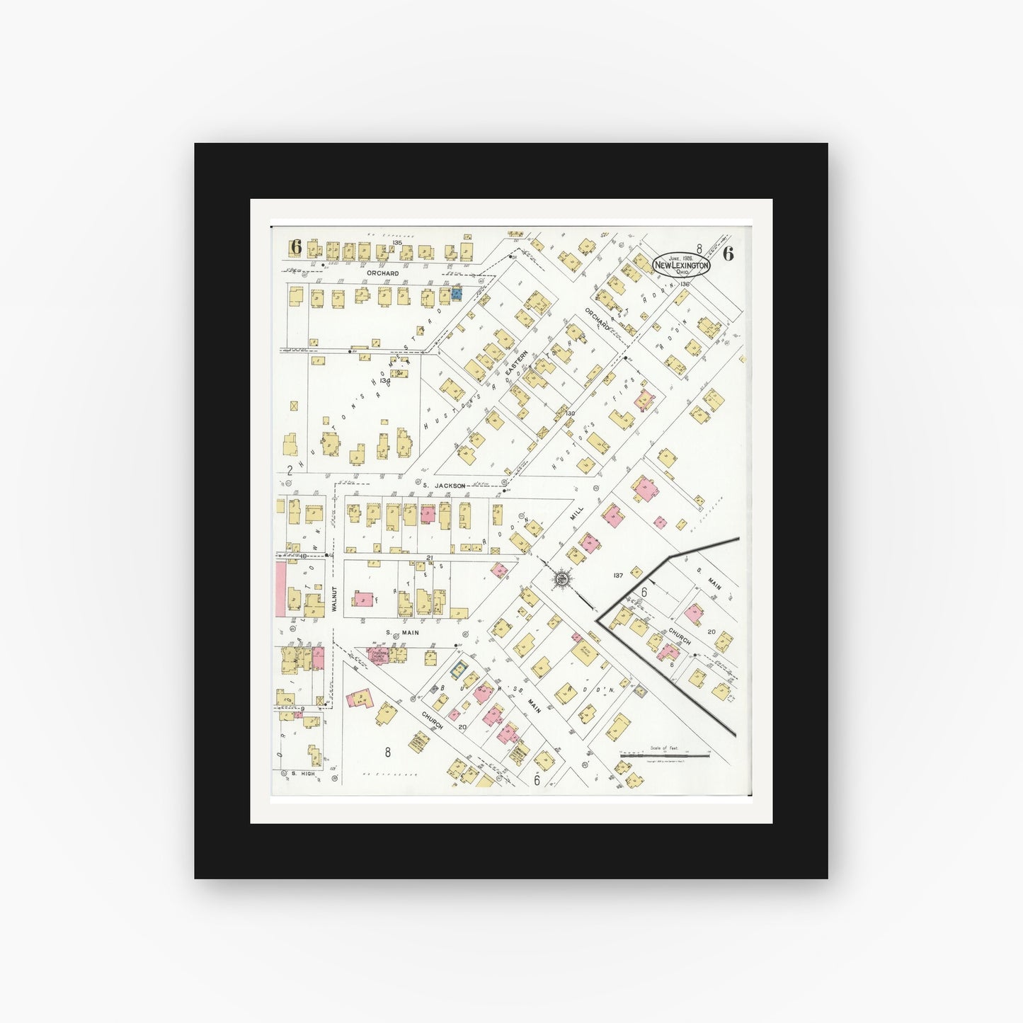 Old map wall art mockup — black gallery frame with white mat — Sanborn Fire Insurance Map from New Lexington, Perry County, Ohio (1926), Sheet #0006