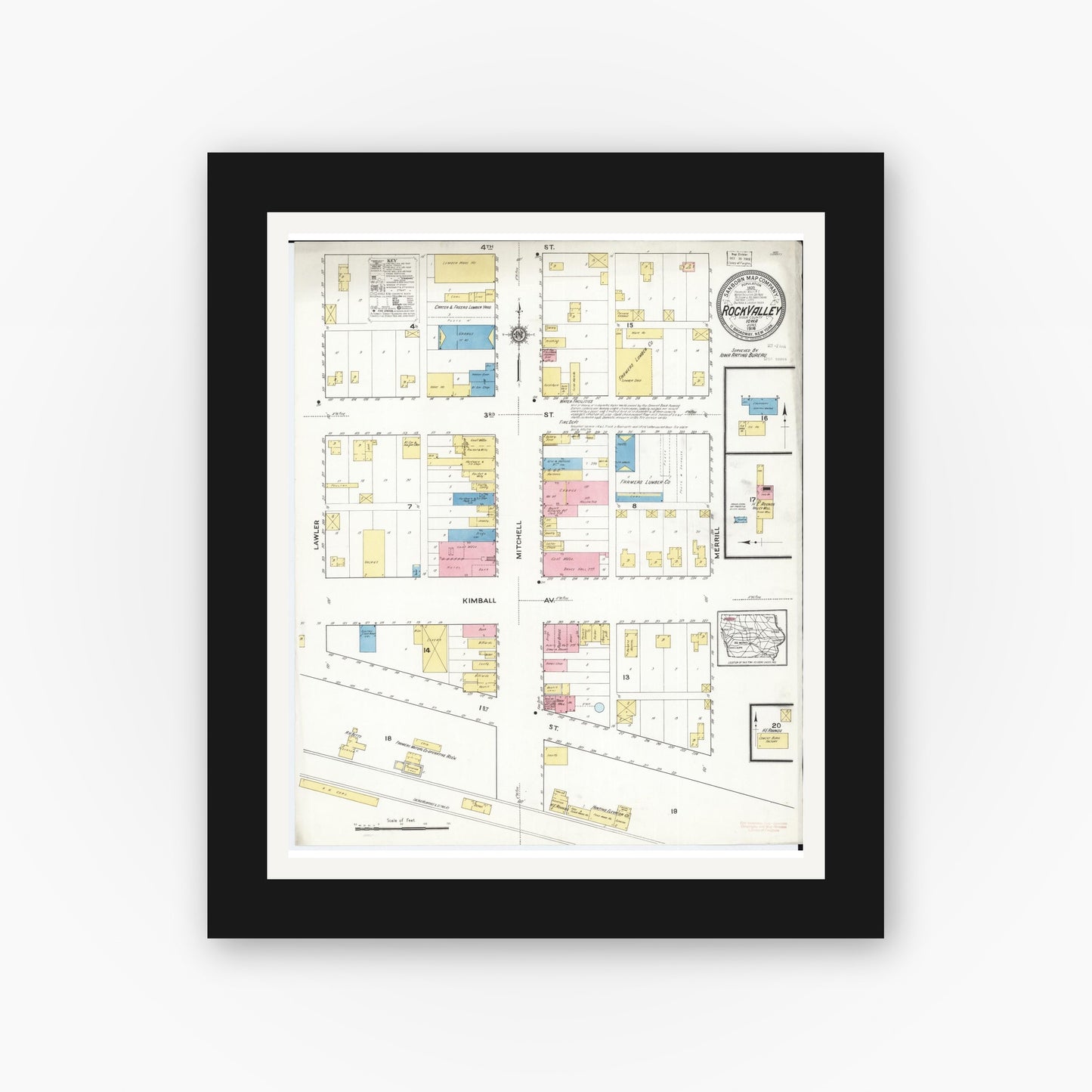 Old map wall art mockup — black gallery frame with white mat — Sanborn Fire Insurance Map from Rock Valley, Sioux County, Iowa (1916), Sheet #0001