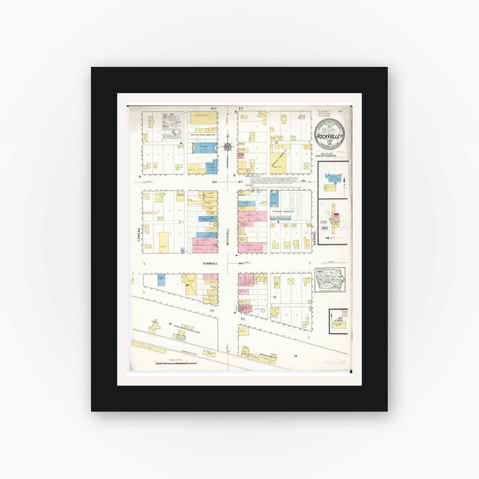 Old map wall art mockup — black gallery frame with white mat — Sanborn Fire Insurance Map from Rock Valley, Sioux County, Iowa (1916), Sheet #0001