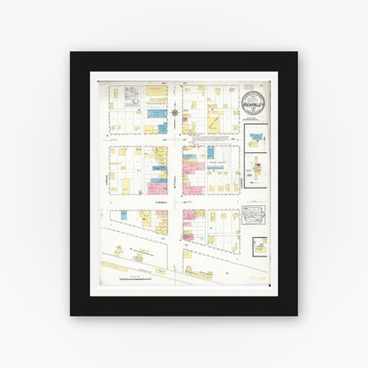 Old map wall art mockup — black gallery frame with white mat — Sanborn Fire Insurance Map from Rock Valley, Sioux County, Iowa (1916), Sheet #0001