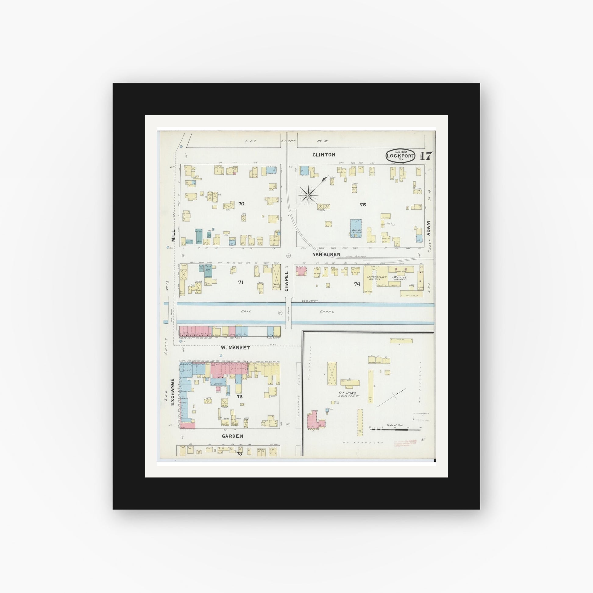 Old map wall art mockup — black gallery frame with white mat — Sanborn Fire Insurance Map from Lockport, Niagara County, New York (1892), Sheet #0017