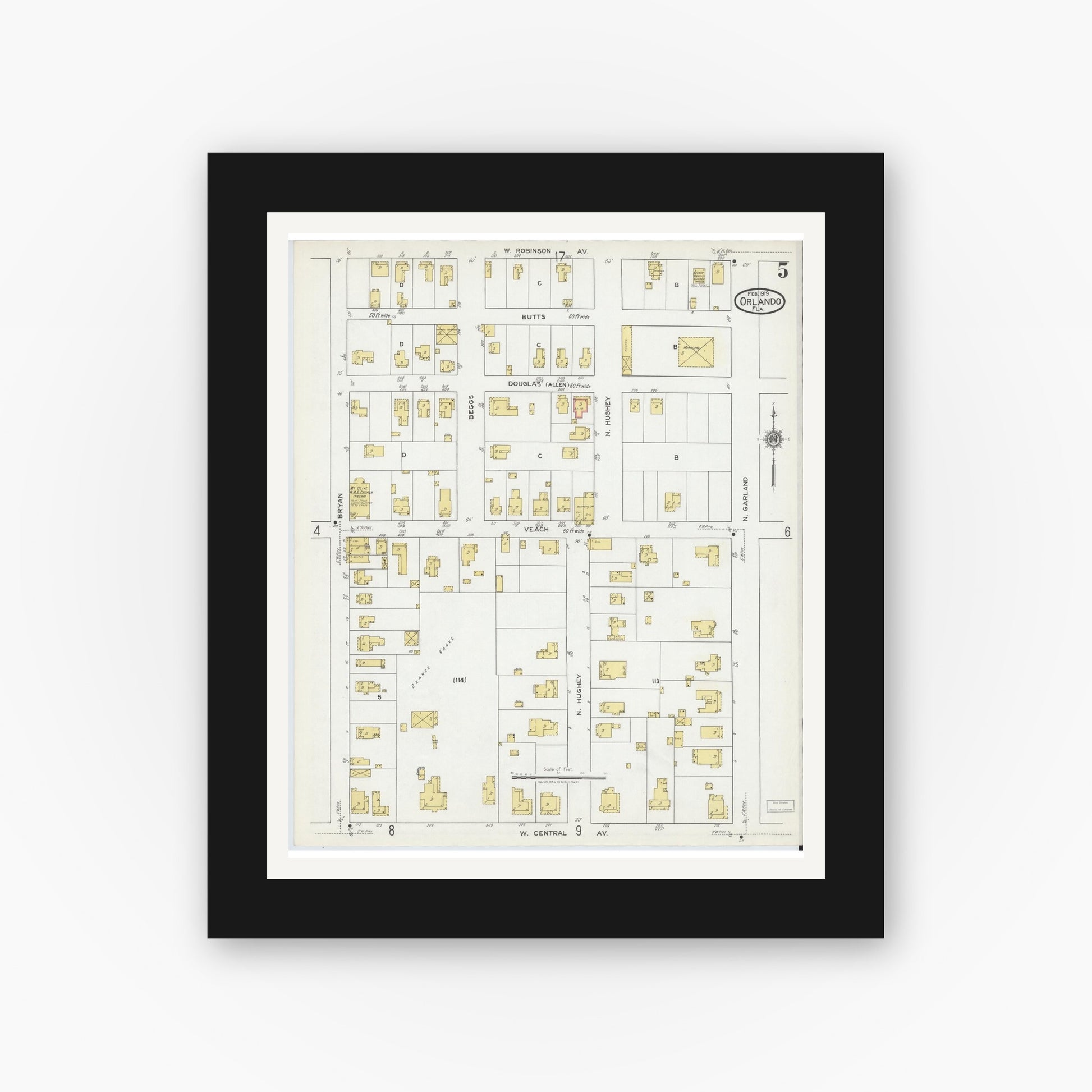 Old map wall art mockup — black gallery frame with white mat — Sanborn Fire Insurance Map from Orlando, Orange County, Florida (1919), Sheet #0005