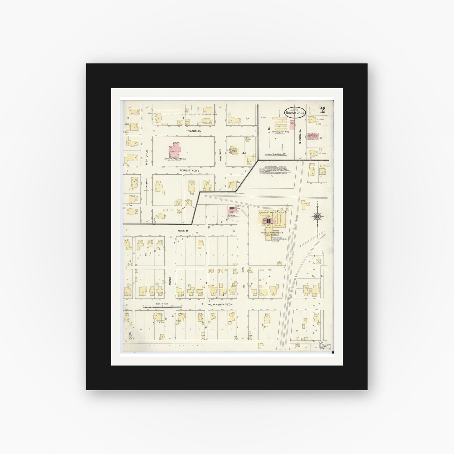 Old map wall art mockup — black gallery frame with white mat — Sanborn Fire Insurance Map from Roachdale, Putnam County, Indiana (1910), Sheet #0002