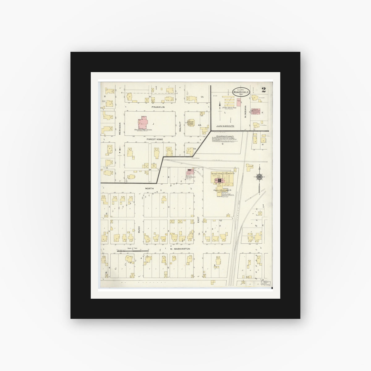 Old map wall art mockup — black gallery frame with white mat — Sanborn Fire Insurance Map from Roachdale, Putnam County, Indiana (1910), Sheet #0002