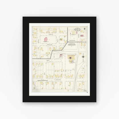 Old map wall art mockup — black gallery frame with white mat — Sanborn Fire Insurance Map from Roachdale, Putnam County, Indiana (1910), Sheet #0002