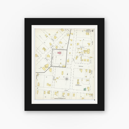 Old map wall art mockup — black gallery frame with white mat — Sanborn Fire Insurance Map from Dade City, Pasco County, Florida (1908), Sheet #0002
