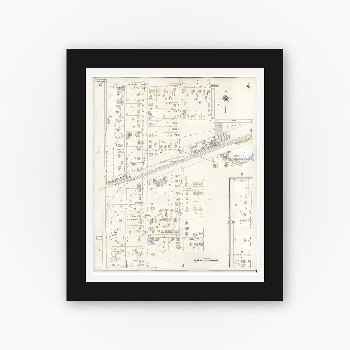 Old map wall art mockup — black gallery frame with white mat — Sanborn Fire Insurance Map from Plano, Collin County, Texas (1961), Sheet #0004