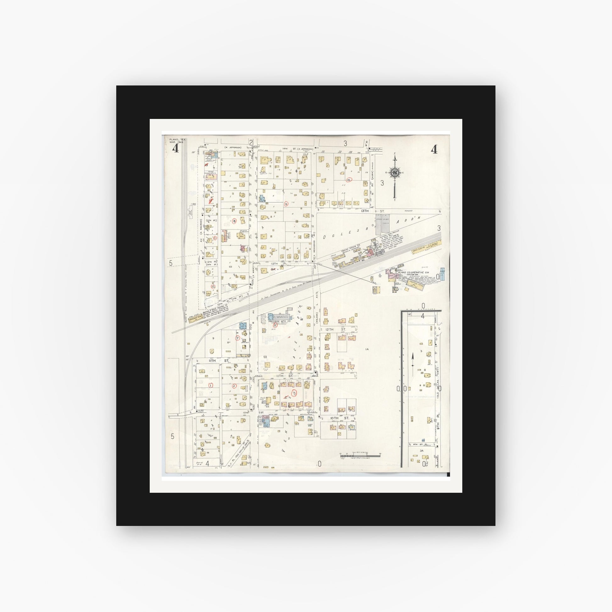 Old map wall art mockup — black gallery frame with white mat — Sanborn Fire Insurance Map from Plano, Collin County, Texas (1961), Sheet #0004