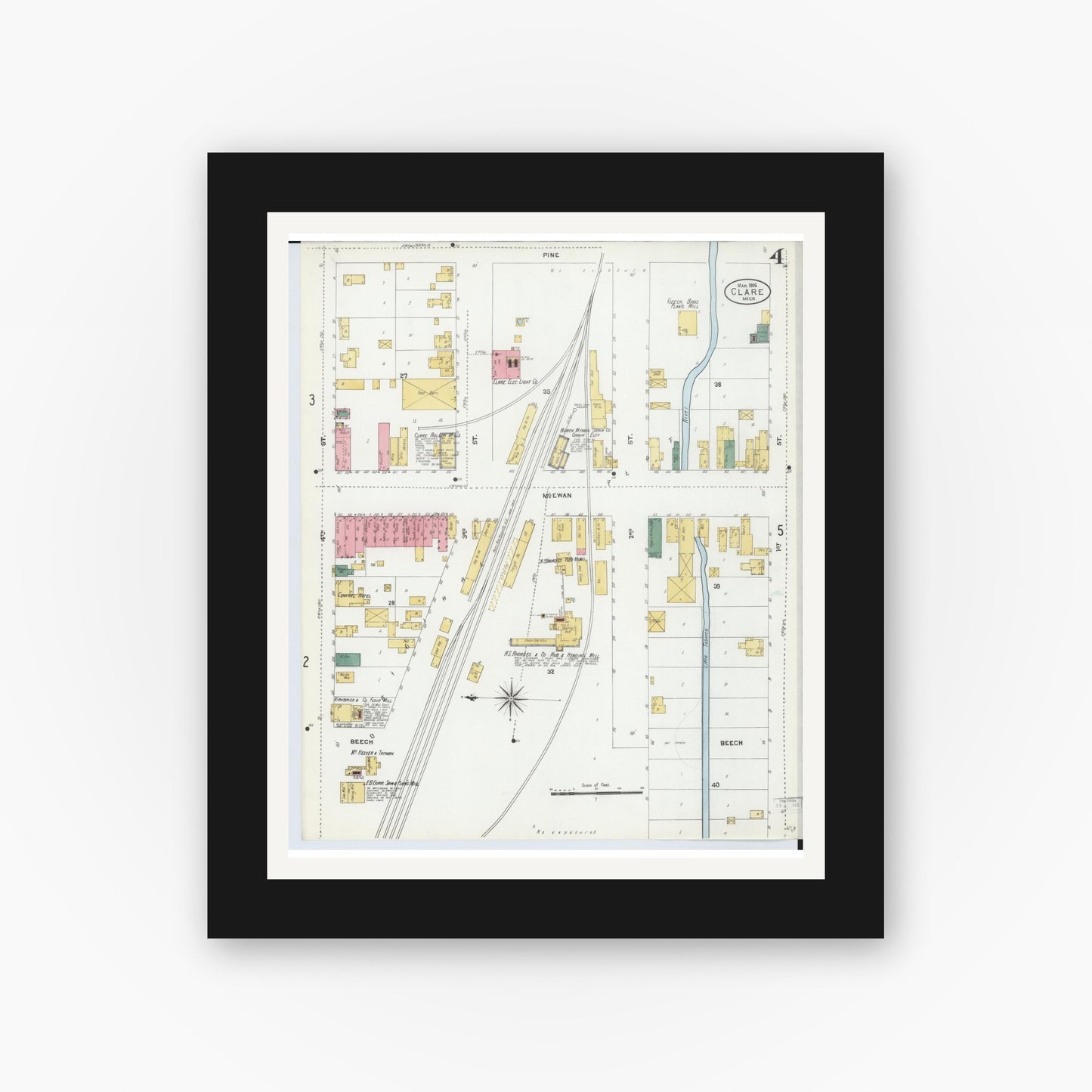 Old map wall art mockup — black gallery frame with white mat — Sanborn Fire Insurance Map from Clare, Clare County, Michigan (1906), Sheet #0004