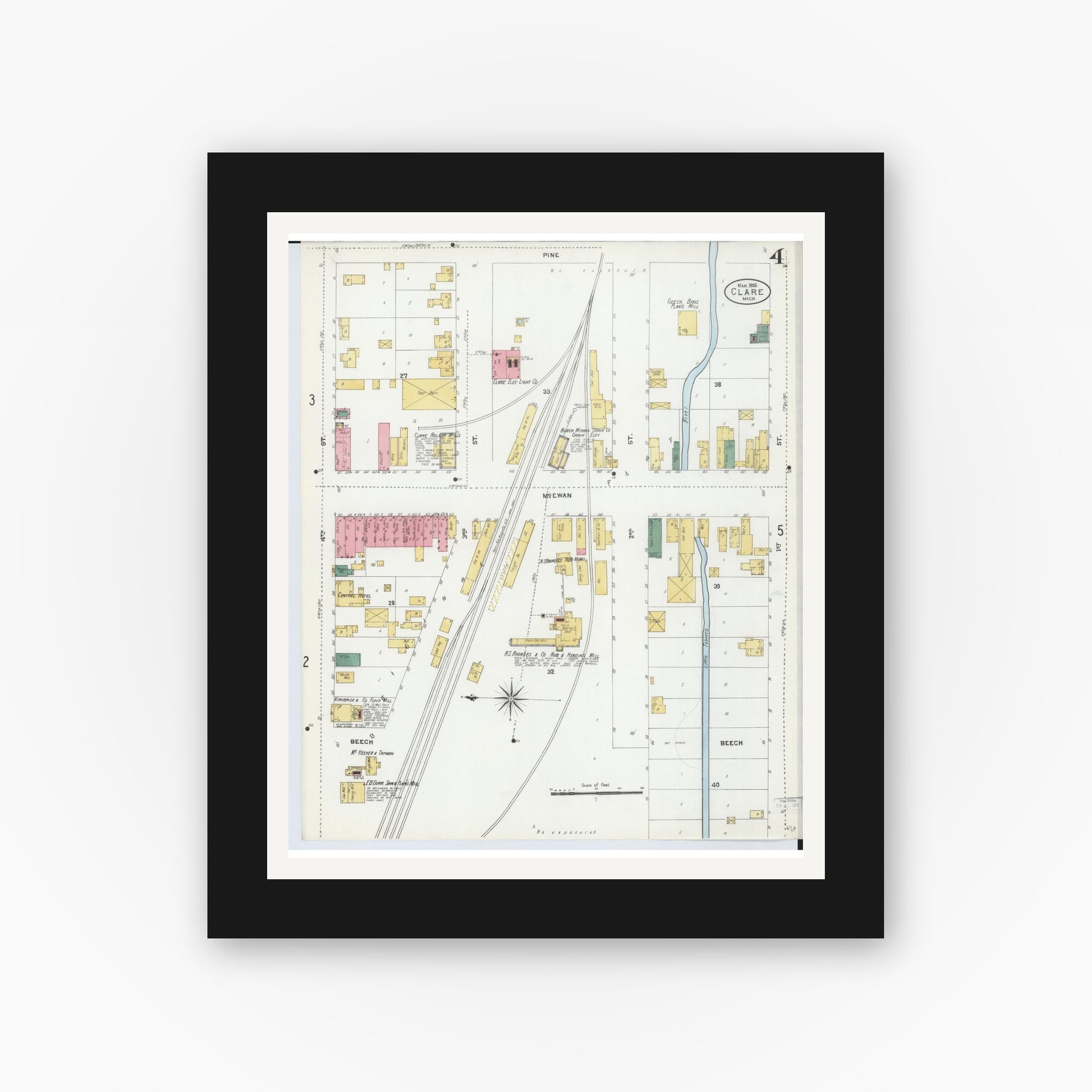 Old map wall art mockup — black gallery frame with white mat — Sanborn Fire Insurance Map from Clare, Clare County, Michigan (1906), Sheet #0004