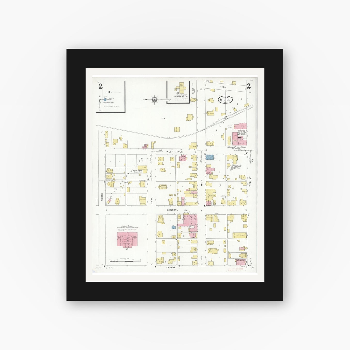 Old map wall art mockup — black gallery frame with white mat — Sanborn Fire Insurance Map from Milton, Wayne County, Indiana (1928), Sheet #0002