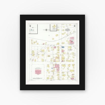 Old map wall art mockup — black gallery frame with white mat — Sanborn Fire Insurance Map from Milton, Wayne County, Indiana (1928), Sheet #0002