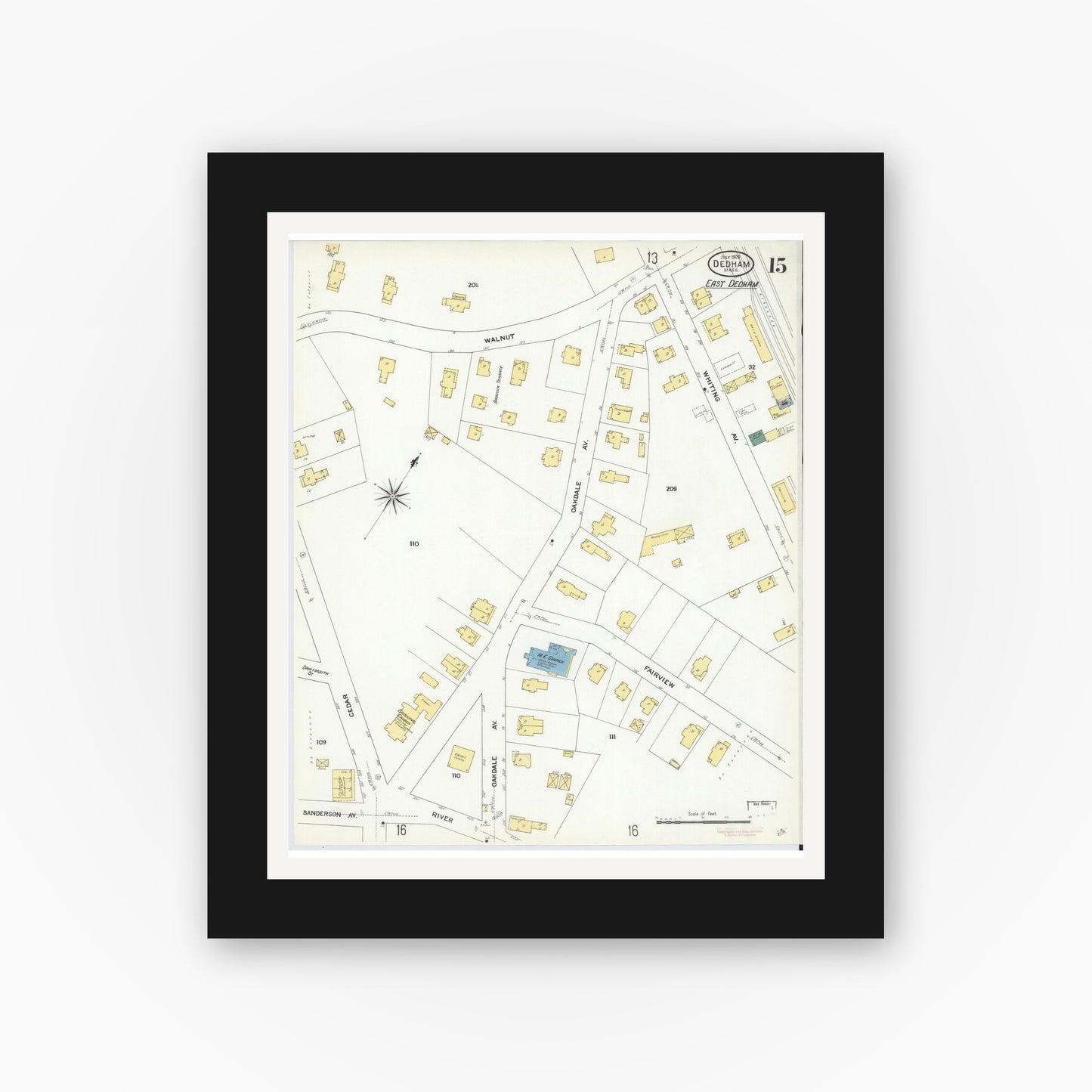 Old map wall art mockup — black gallery frame with white mat — Sanborn Fire Insurance Map from Dedham, Norfolk County, Massachusetts (1909), Sheet #0015