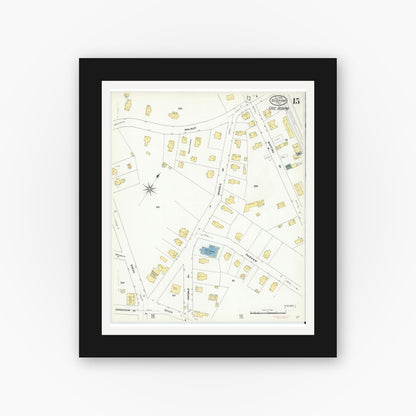 Old map wall art mockup — black gallery frame with white mat — Sanborn Fire Insurance Map from Dedham, Norfolk County, Massachusetts (1909), Sheet #0015