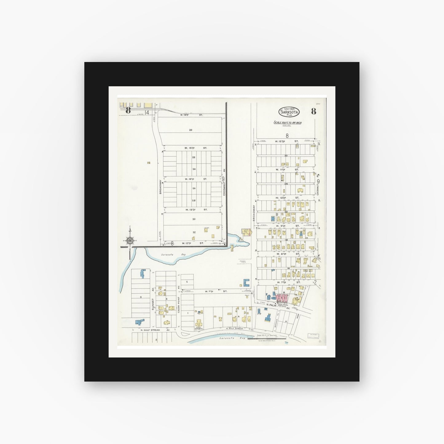 Old map wall art mockup — black gallery frame with white mat — Sanborn Fire Insurance Map from Sarasota, Sarasota County, Florida (1925), Sheet #0008
