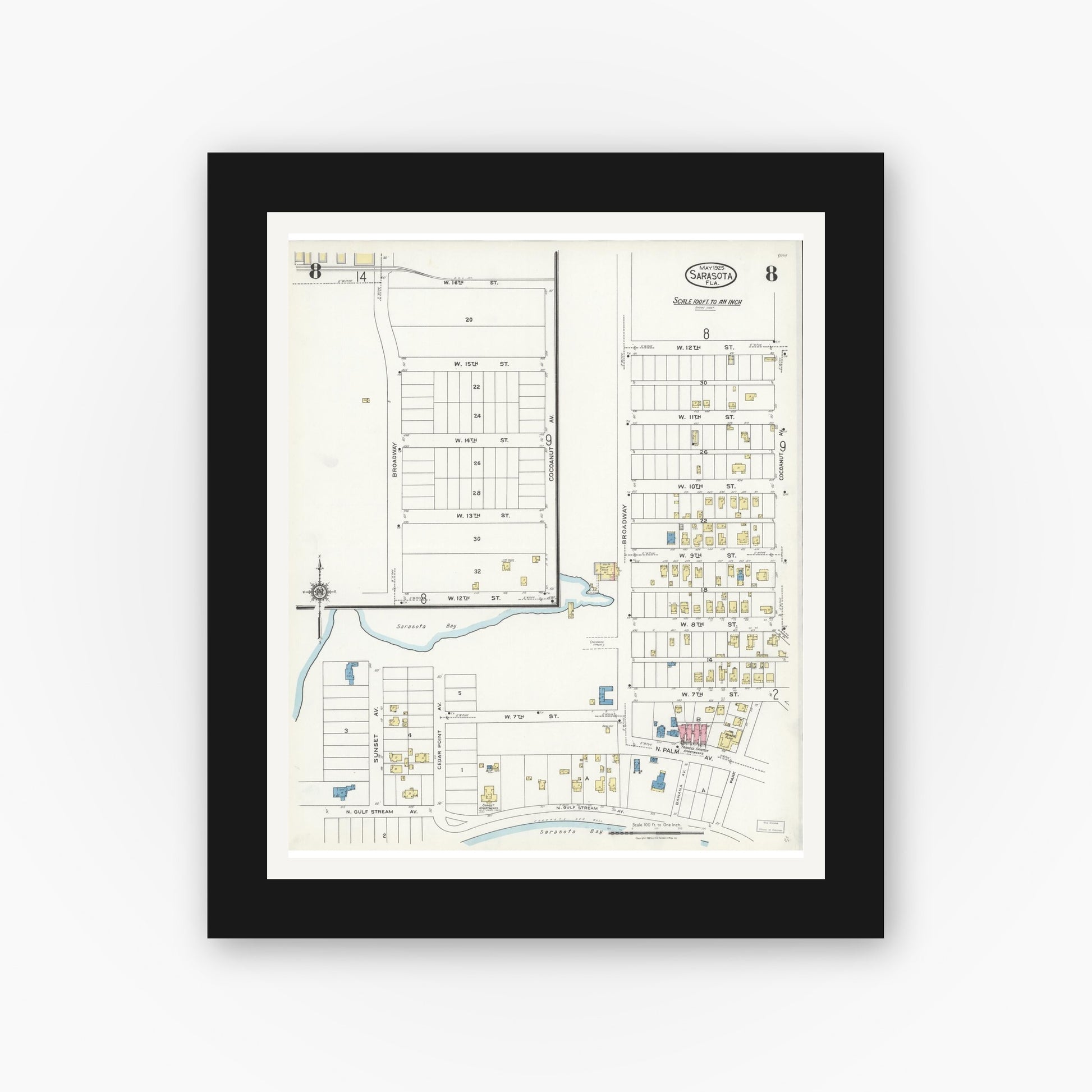 Old map wall art mockup — black gallery frame with white mat — Sanborn Fire Insurance Map from Sarasota, Sarasota County, Florida (1925), Sheet #0008
