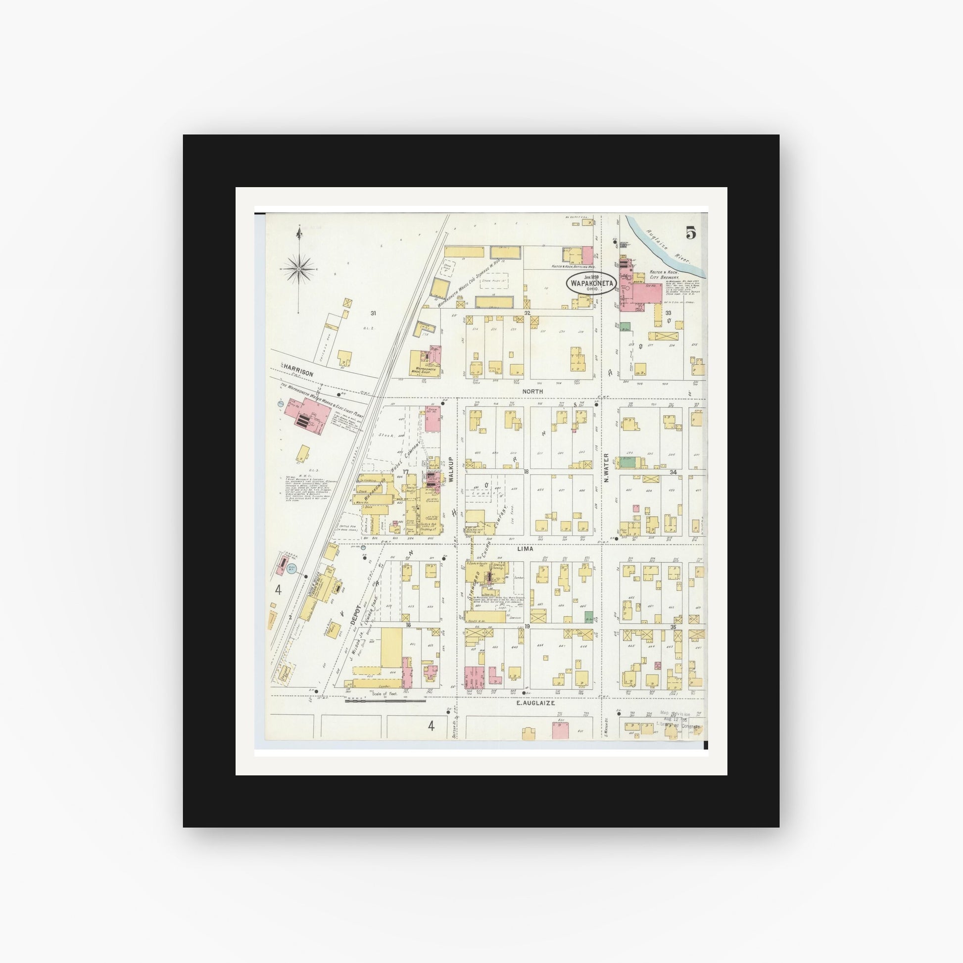 Old map wall art mockup — black gallery frame with white mat — Sanborn Fire Insurance Map from Wapakoneta, Auglaize County, Ohio (1899), Sheet #0005