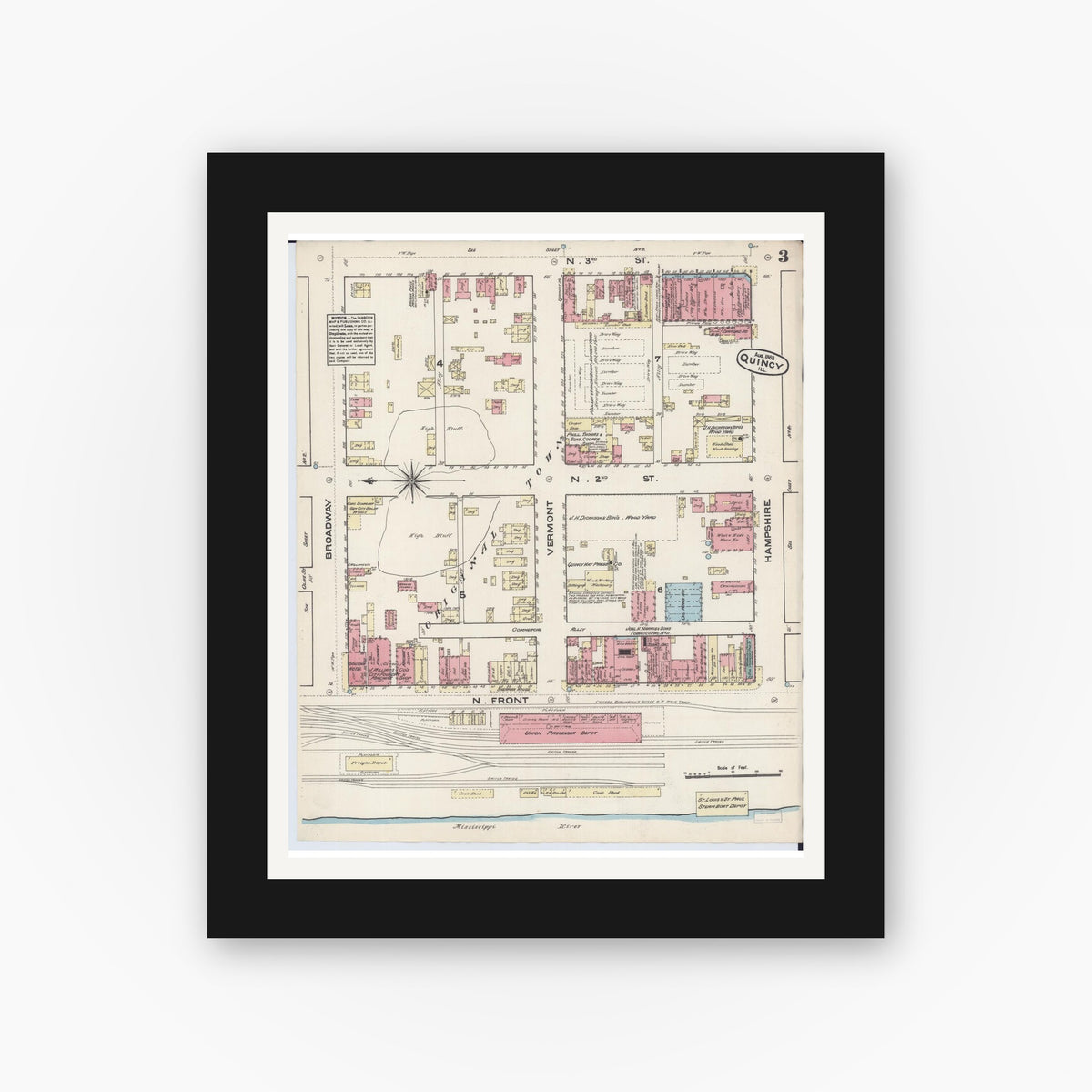 Old map wall art mockup — black gallery frame with white mat — Sanborn Fire Insurance Map from Quincy, Adams County, Illinois (1883), Sheet #0003