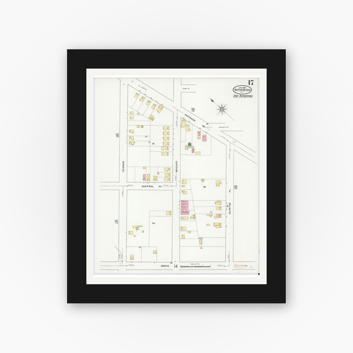 Old map wall art mockup — black gallery frame with white mat — Sanborn Fire Insurance Map from Rutherford, Bergen County, New Jersey (1909), Sheet #0017