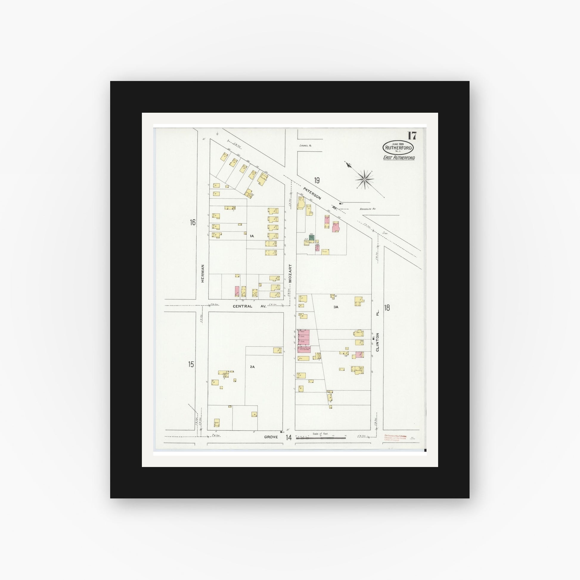 Old map wall art mockup — black gallery frame with white mat — Sanborn Fire Insurance Map from Rutherford, Bergen County, New Jersey (1909), Sheet #0017