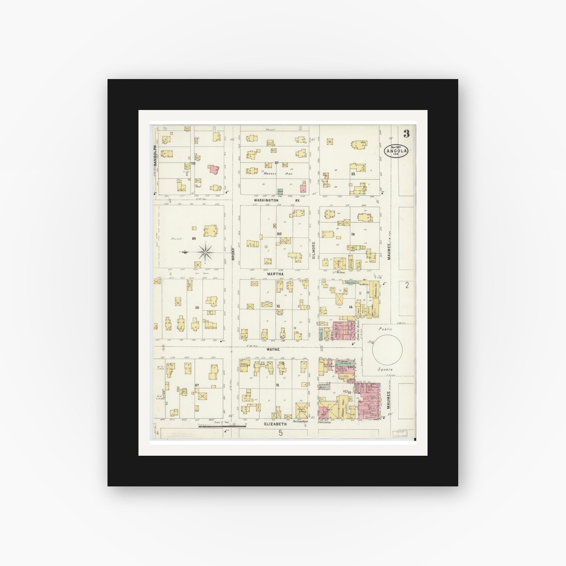 Old map wall art mockup — black gallery frame with white mat — Sanborn Fire Insurance Map from Angola, Steuben County, Indiana (1897), Sheet #0003