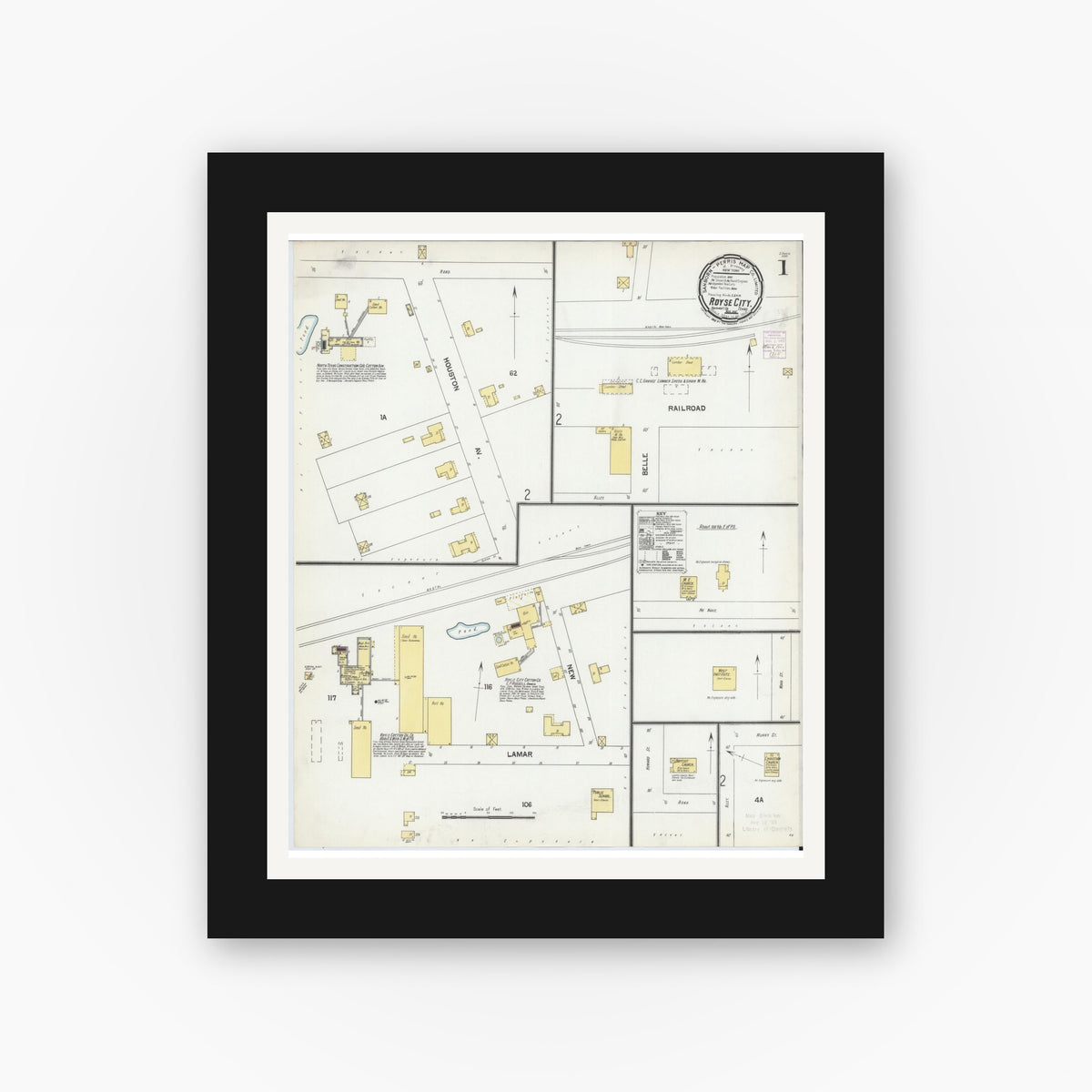 Old map wall art mockup — black gallery frame with white mat — Sanborn Fire Insurance Map from Royse City, Rockwell County, Texas (1901), Sheet #0001