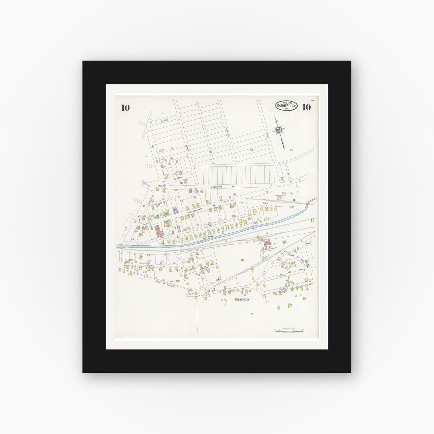 Old map wall art mockup — black gallery frame with white mat — Sanborn Fire Insurance Map from Barnesboro, Cambria County, Pennsylvania (1930), Sheet #0010