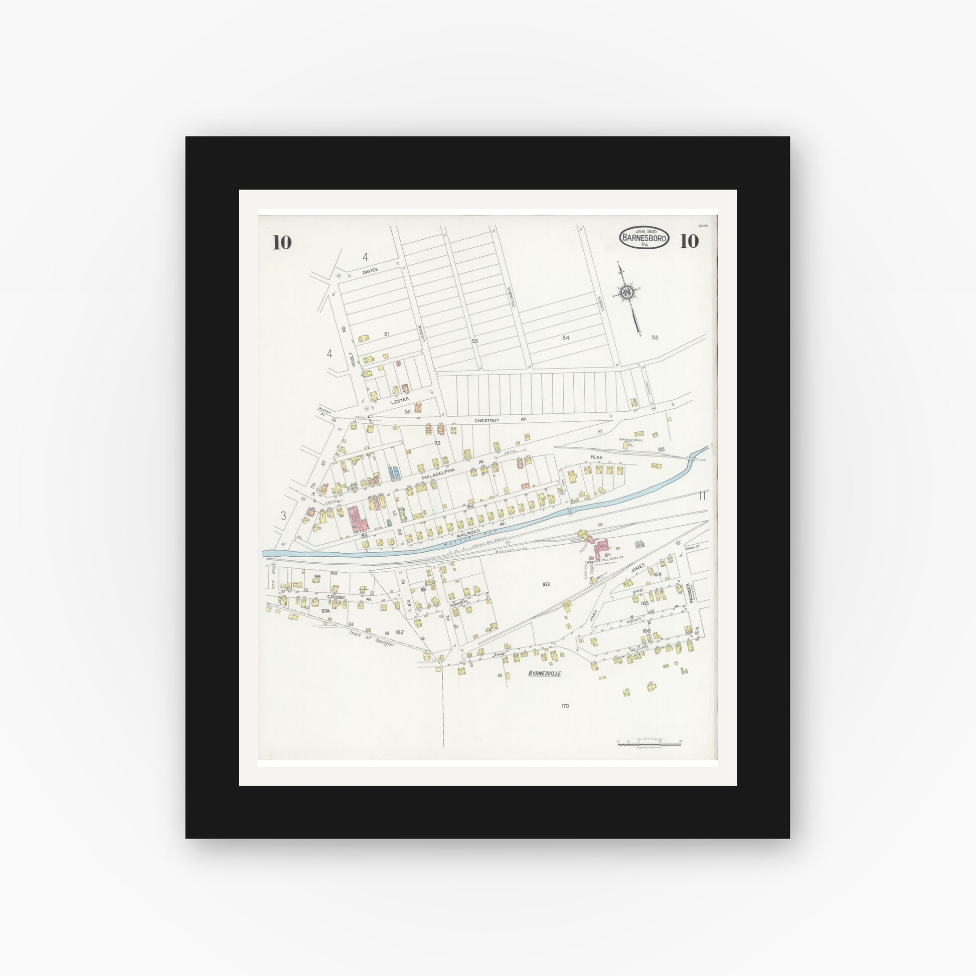 Old map wall art mockup — black gallery frame with white mat — Sanborn Fire Insurance Map from Barnesboro, Cambria County, Pennsylvania (1930), Sheet #0010