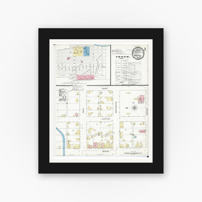 Old map wall art mockup — black gallery frame with white mat — Sanborn Fire Insurance Map from Marengo, Iowa County, Iowa (1892), Sheet #0001