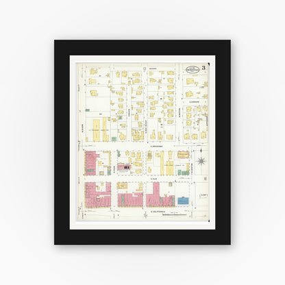 Old map wall art mockup — black gallery frame with white mat — Sanborn Fire Insurance Map from Gainesville, Cooke County, Texas (1908), Sheet #0003