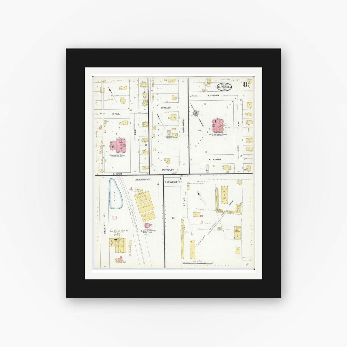 Old map wall art mockup — black gallery frame with white mat — Sanborn Fire Insurance Map from Bushnell, Mcdonough County, Illinois (1912), Sheet #0008