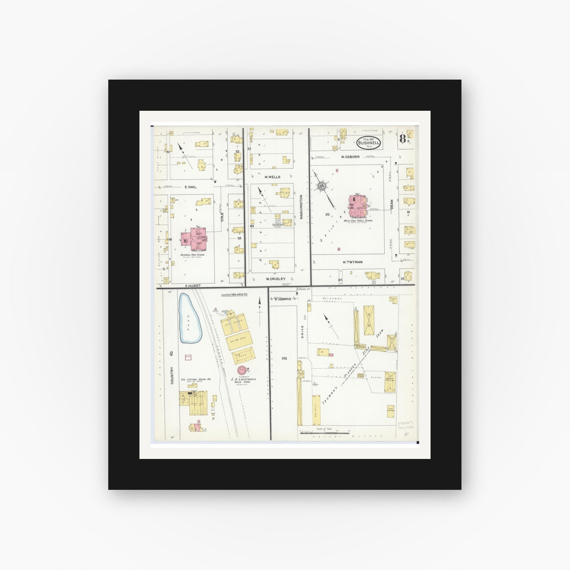 Old map wall art mockup — black gallery frame with white mat — Sanborn Fire Insurance Map from Bushnell, Mcdonough County, Illinois (1912), Sheet #0008