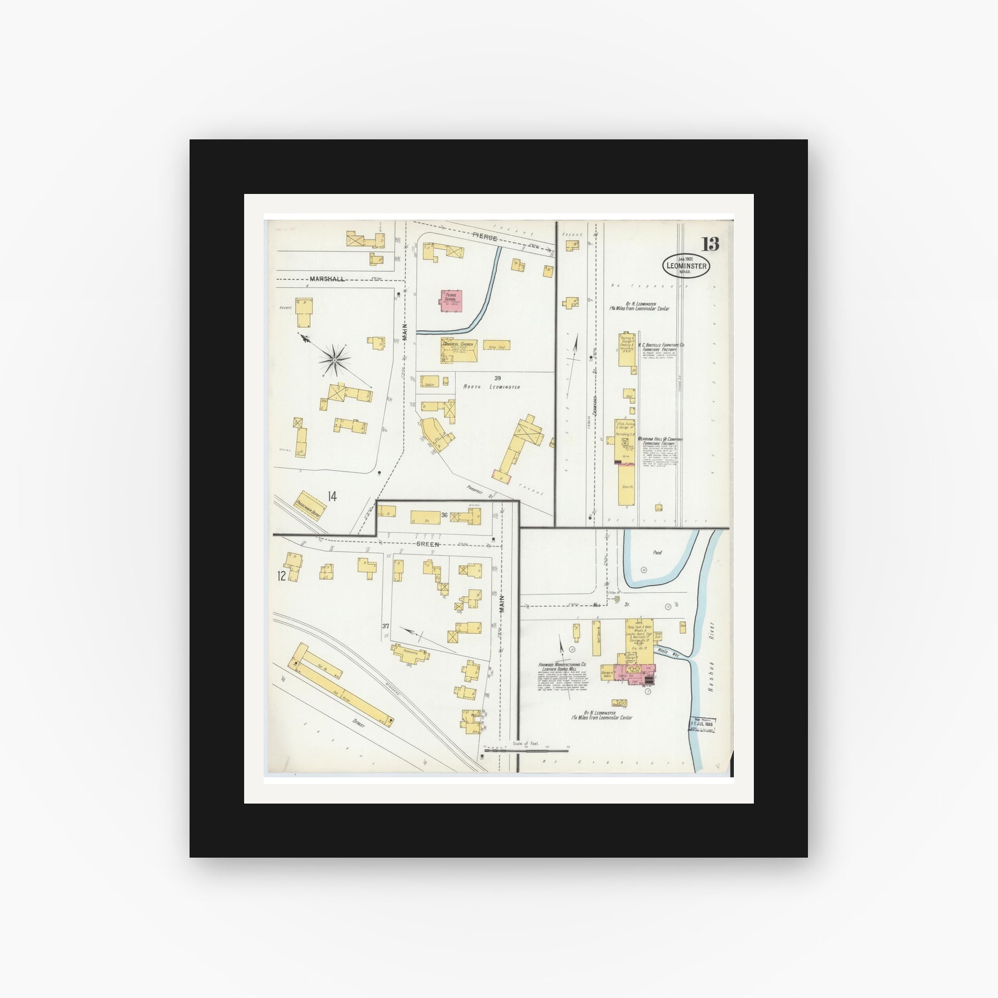 Old map wall art mockup — black gallery frame with white mat — Sanborn Fire Insurance Map from Leominster, Worcester County, Massachusetts (1901), Sheet #0013