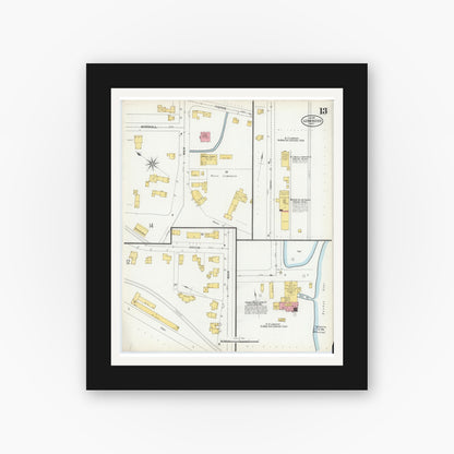Old map wall art mockup — black gallery frame with white mat — Sanborn Fire Insurance Map from Leominster, Worcester County, Massachusetts (1901), Sheet #0013