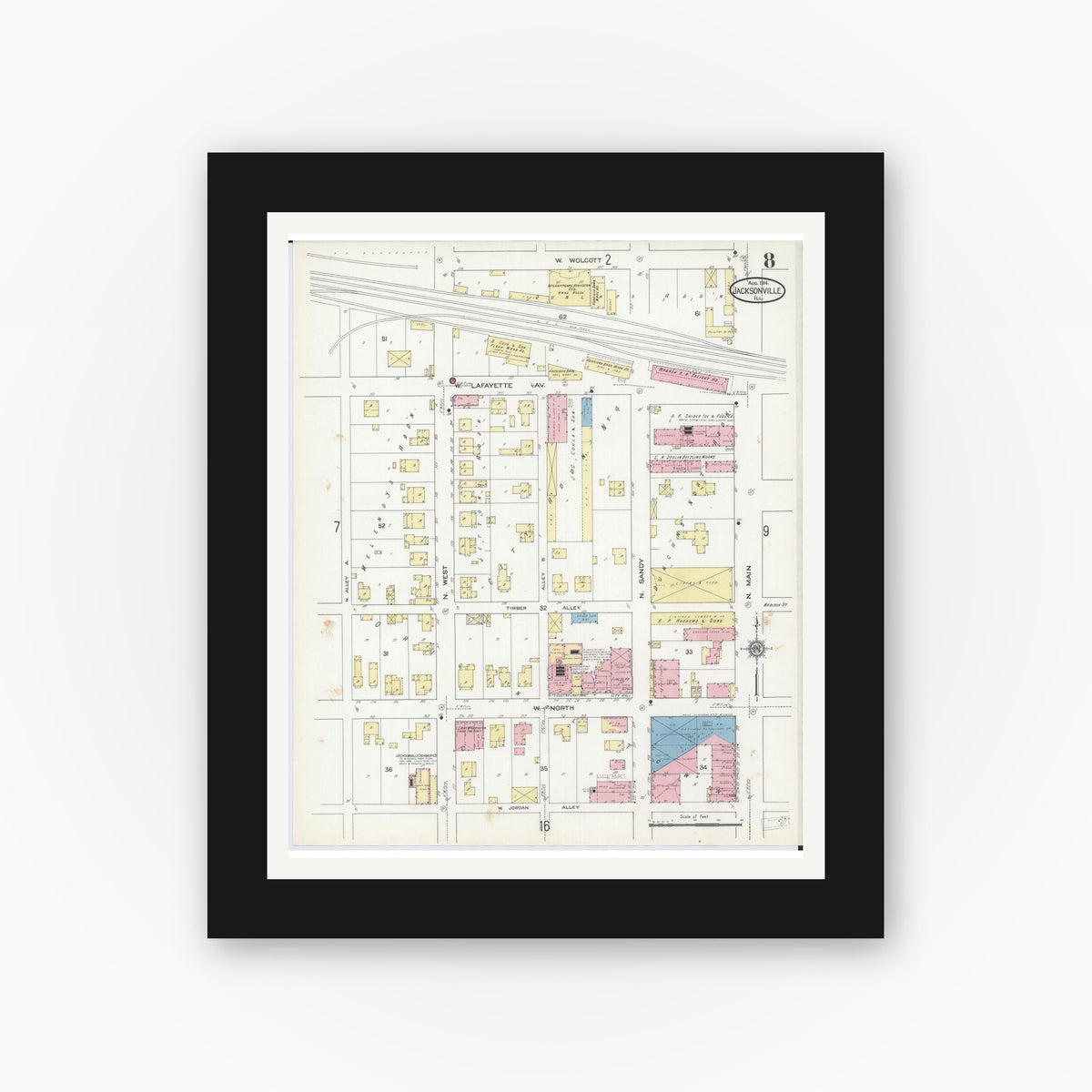 Old map wall art mockup — black gallery frame with white mat — Sanborn Fire Insurance Map from Jacksonville, Morgan County, Illinois (1914), Sheet #0008