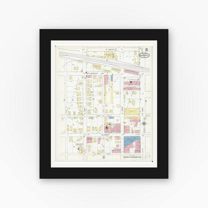 Old map wall art mockup — black gallery frame with white mat — Sanborn Fire Insurance Map from Jacksonville, Morgan County, Illinois (1914), Sheet #0008