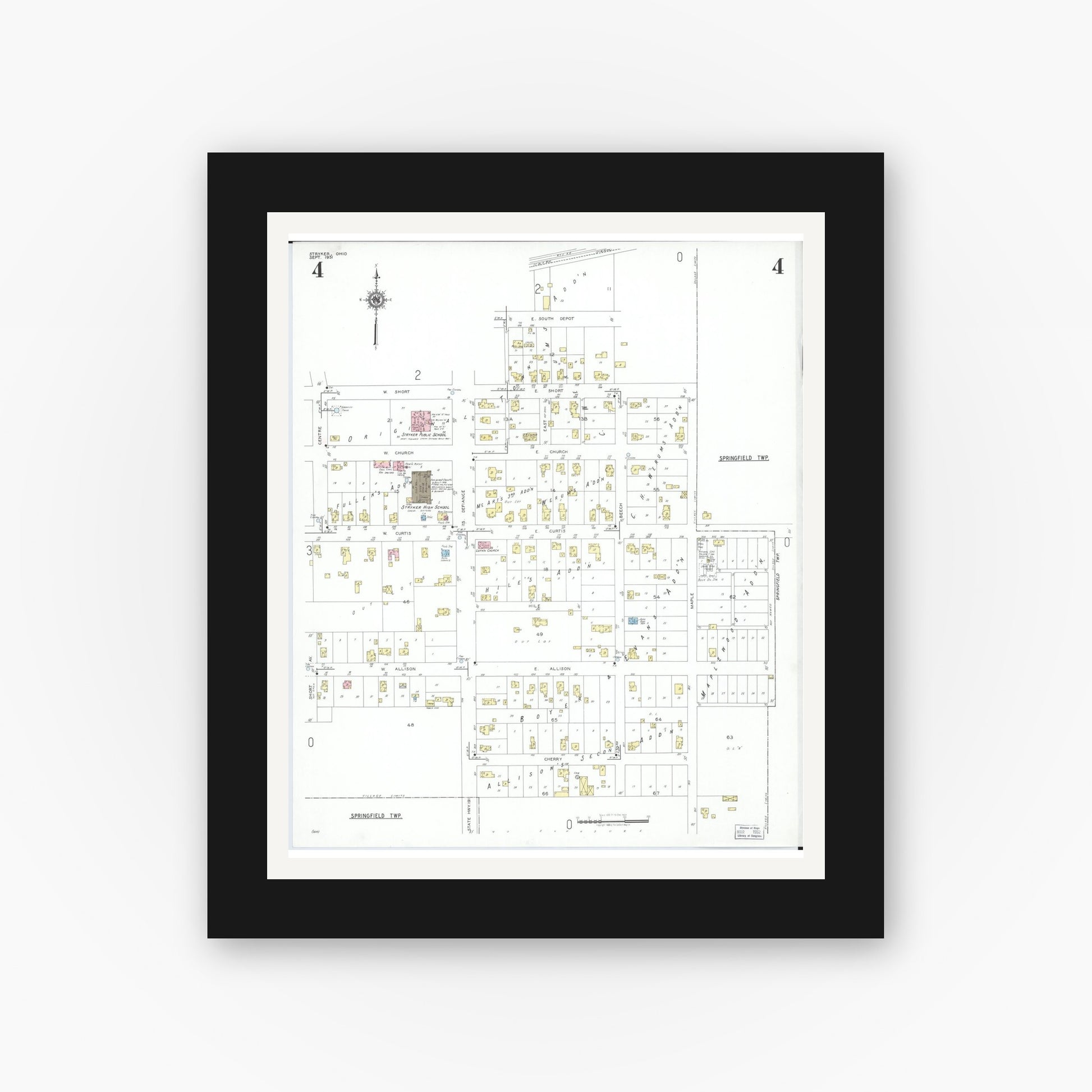 Old map wall art mockup — black gallery frame with white mat — Sanborn Fire Insurance Map from Stryker, Williams County, Ohio (1951), Sheet #0004