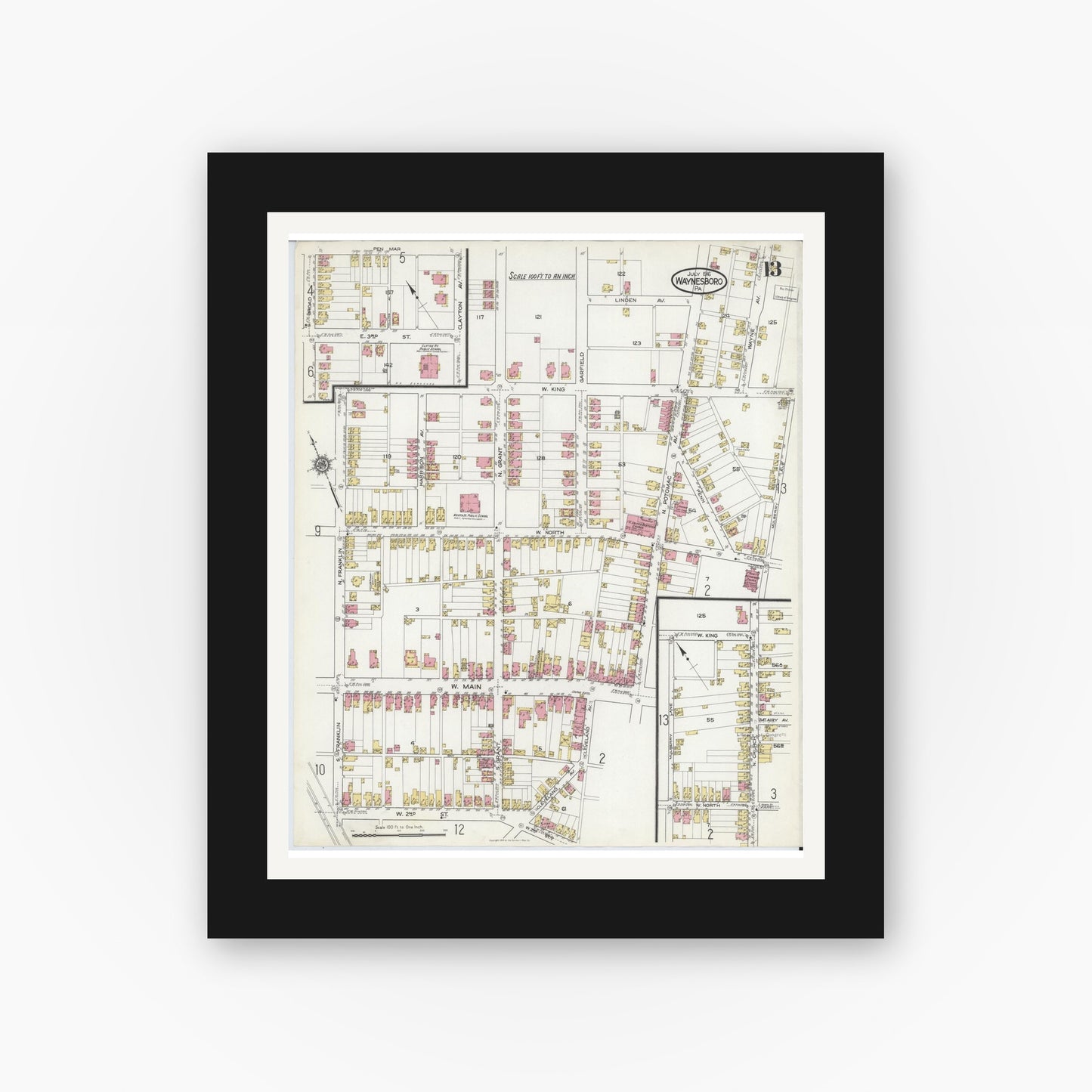 Old map wall art mockup — black gallery frame with white mat — Sanborn Fire Insurance Map from Waynesboro, Franklin County, Pennsylvania (1916), Sheet #0013