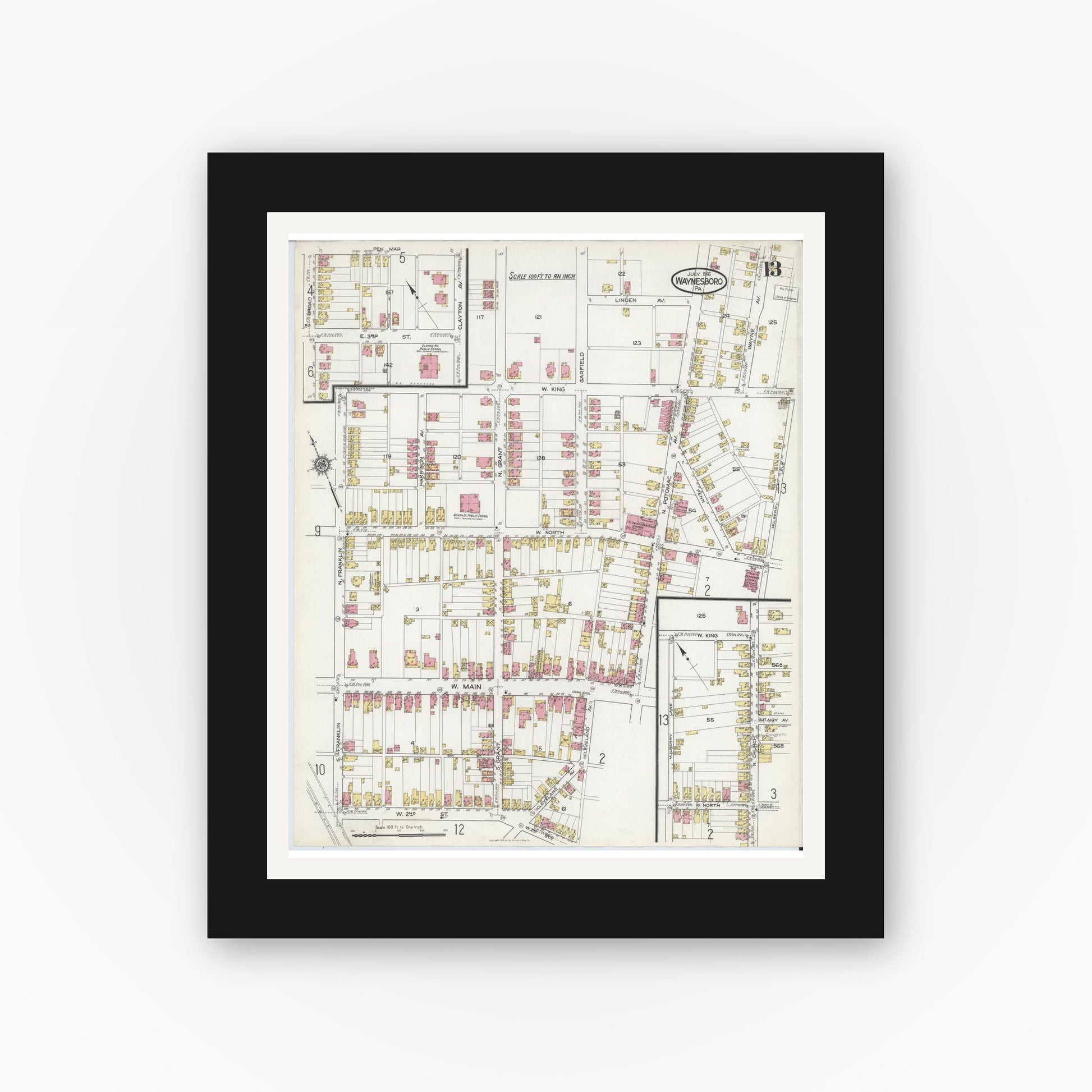 Old map wall art mockup — black gallery frame with white mat — Sanborn Fire Insurance Map from Waynesboro, Franklin County, Pennsylvania (1916), Sheet #0013