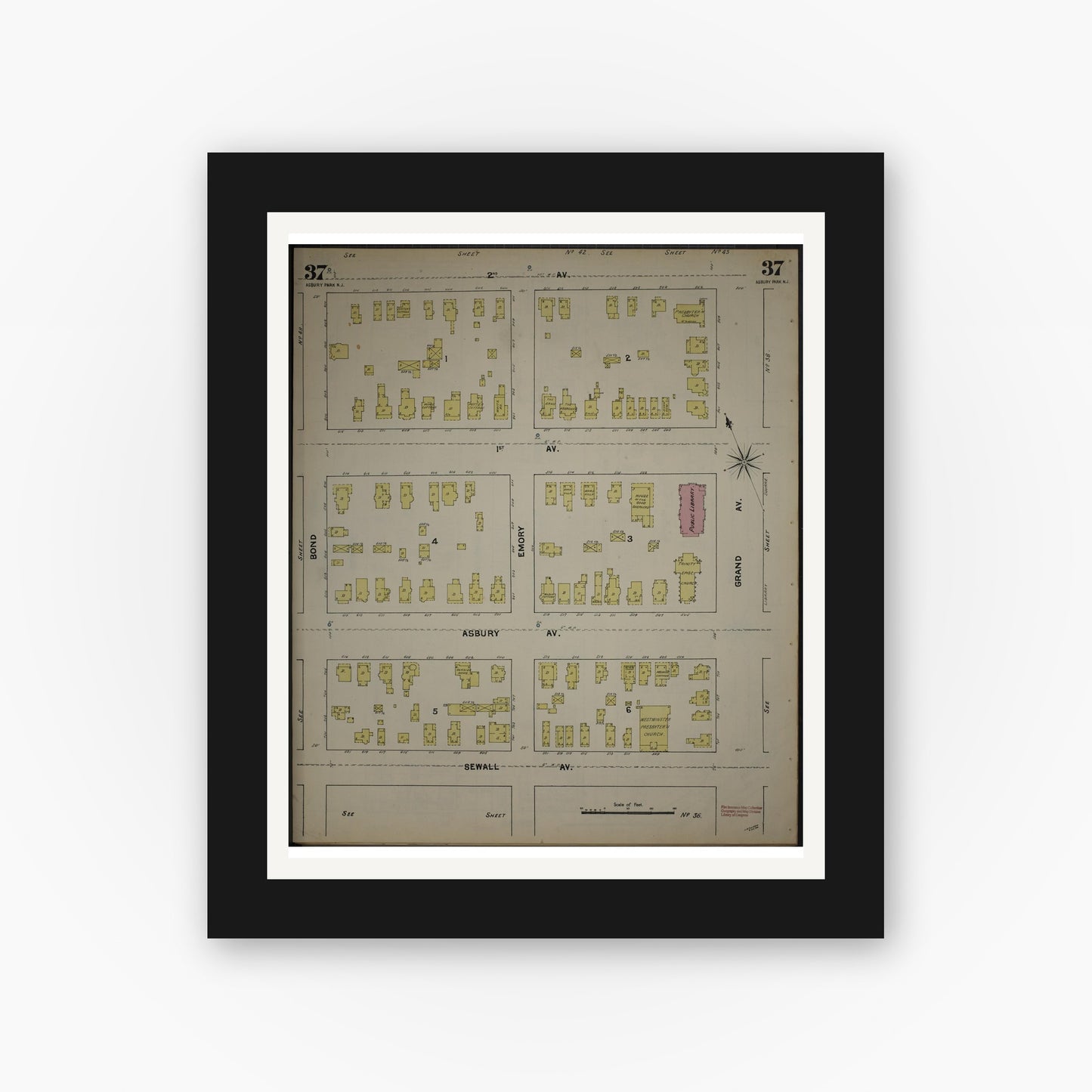Old map wall art mockup — black gallery frame with white mat — Sanborn Fire Insurance Map from New Jersey Coast, New Jersey Coast, New Jersey (1890), Sheet #0037