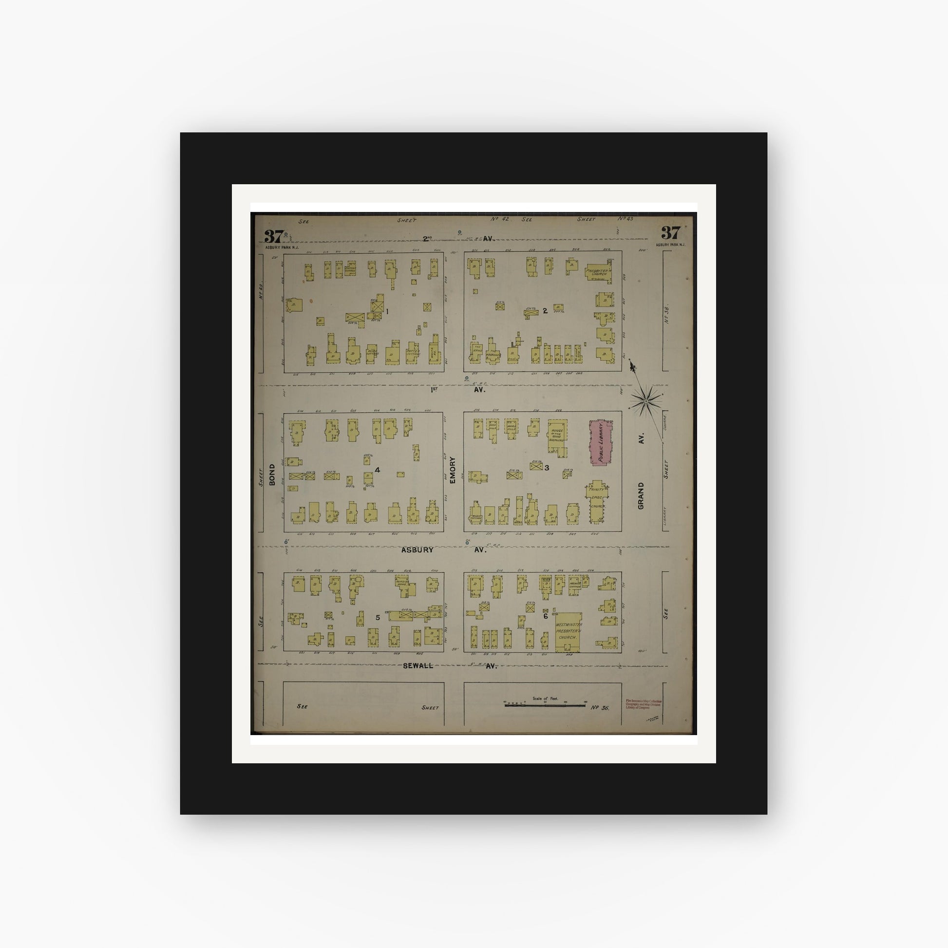 Old map wall art mockup — black gallery frame with white mat — Sanborn Fire Insurance Map from New Jersey Coast, New Jersey Coast, New Jersey (1890), Sheet #0037