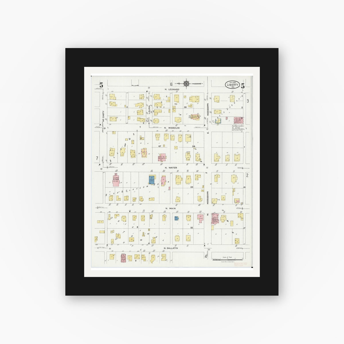 Old map wall art mockup — black gallery frame with white mat — Sanborn Fire Insurance Map from Leadwood, Saint Francois County, Missouri (1927), Sheet #0005