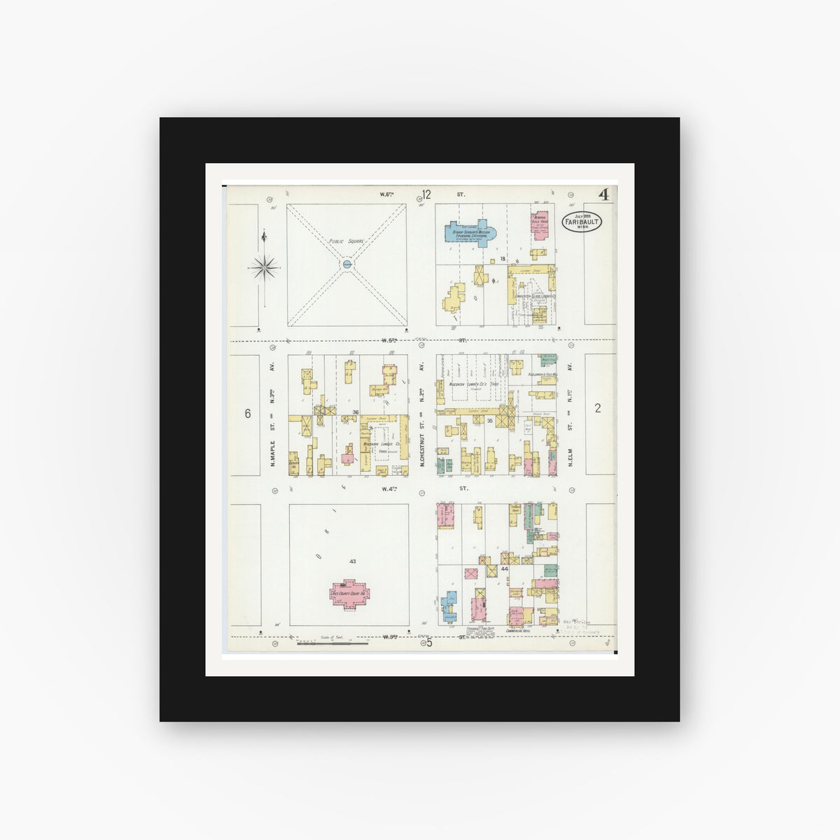 Old map wall art mockup — black gallery frame with white mat — Sanborn Fire Insurance Map from Faribault, Rice County, Minnesota (1899), Sheet #0004