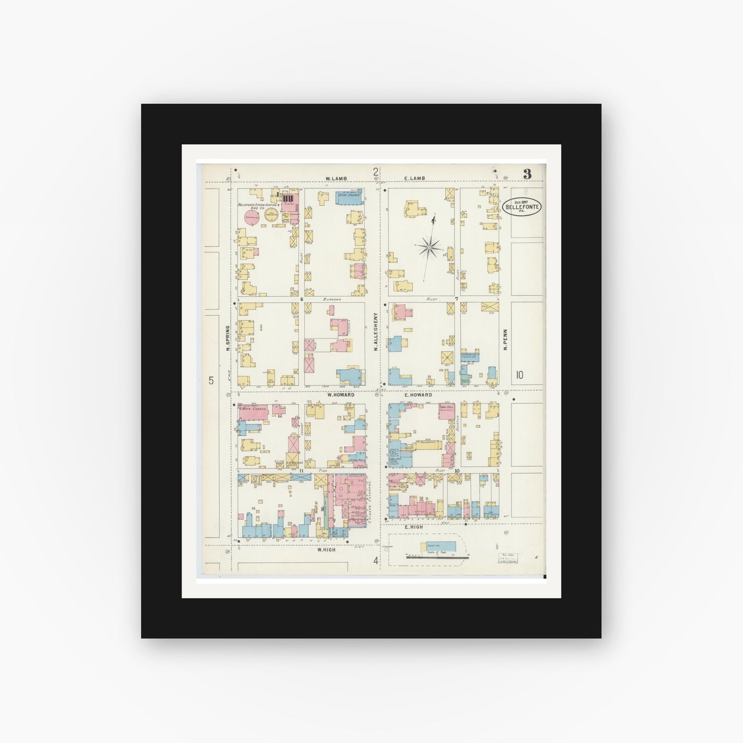 Old map wall art mockup — black gallery frame with white mat — Sanborn Fire Insurance Map from Bellefonte, Centre County, Pennsylvania (1897), Sheet #0003