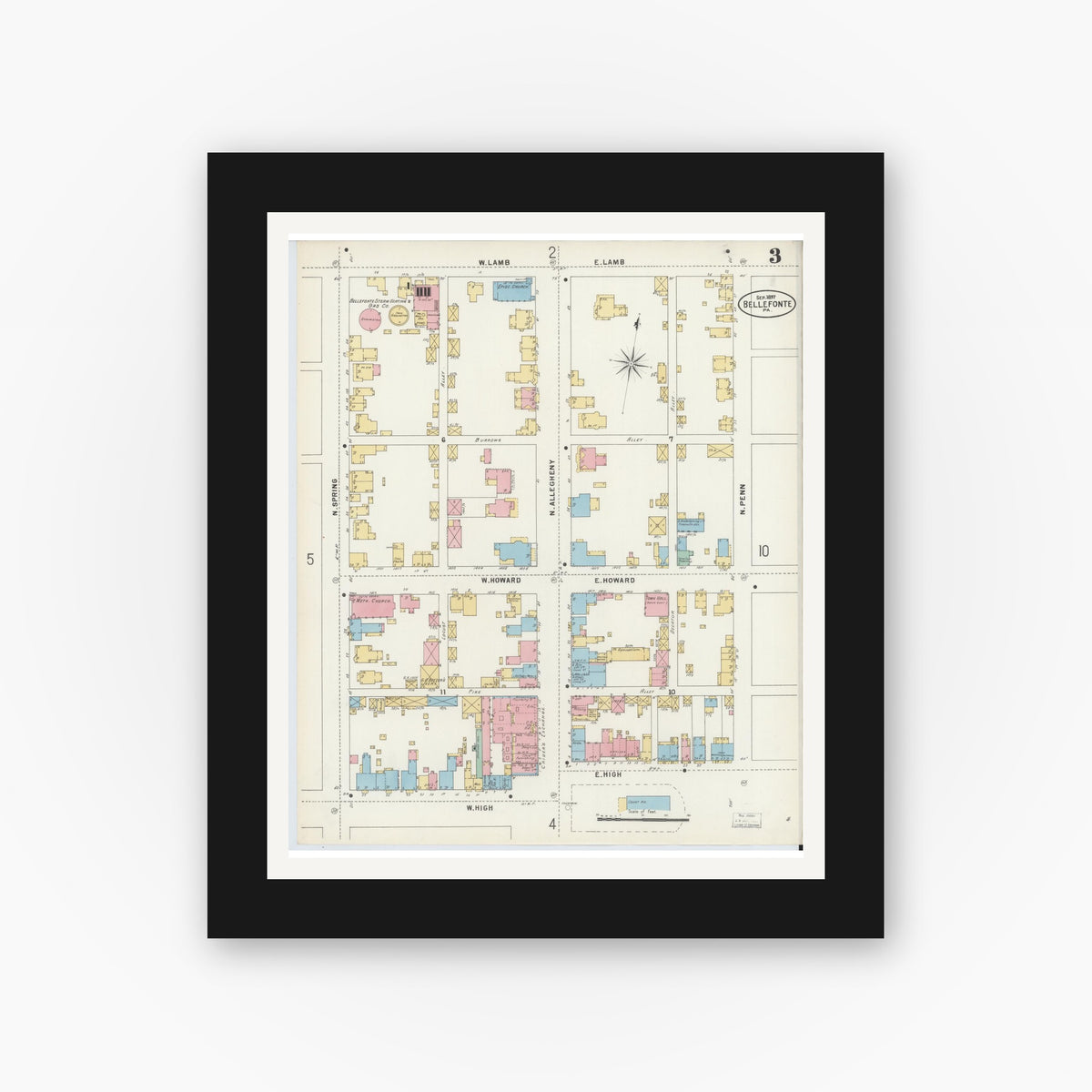 Old map wall art mockup — black gallery frame with white mat — Sanborn Fire Insurance Map from Bellefonte, Centre County, Pennsylvania (1897), Sheet #0003