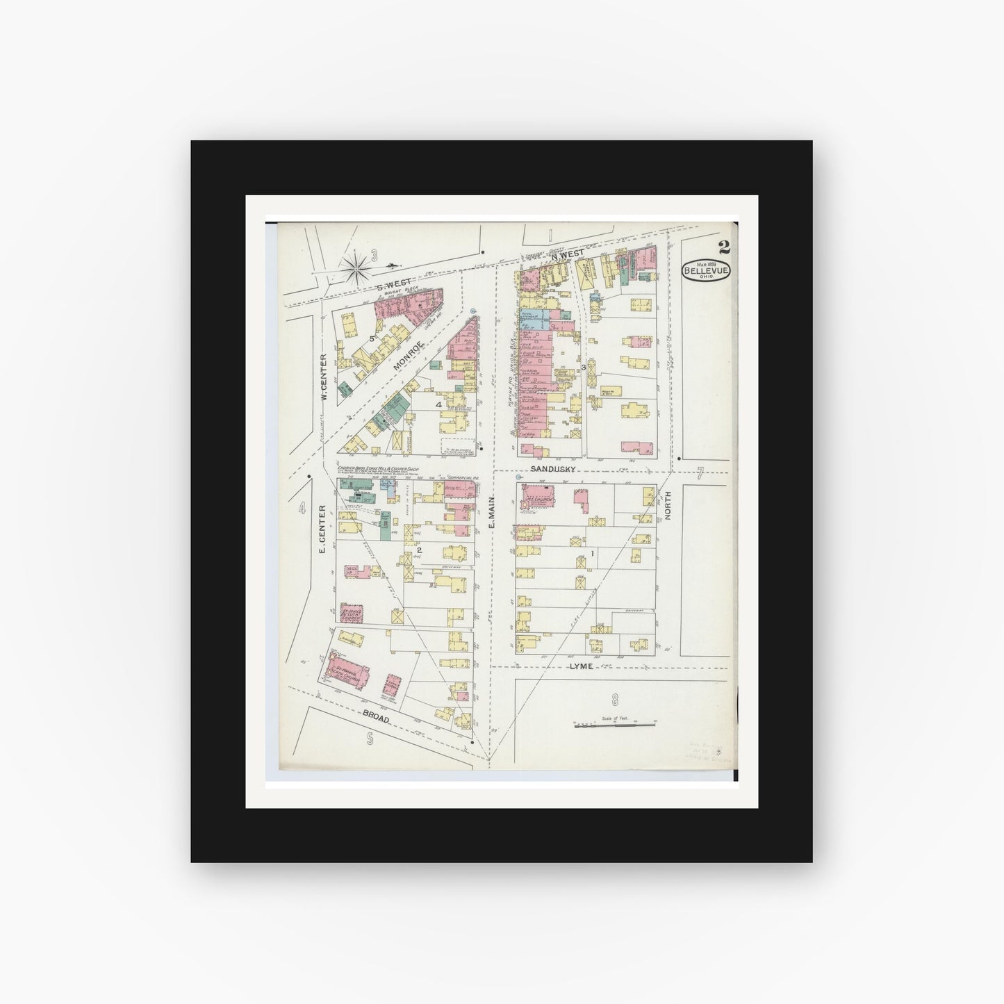 Old map wall art mockup — black gallery frame with white mat — Sanborn Fire Insurance Map from Bellevue, Huron And Sandusky County, Ohio (1893), Sheet #0002